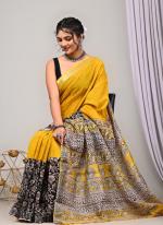 Pure Linen Cotton Yellow Casual Wear Pure Hand Work Saree